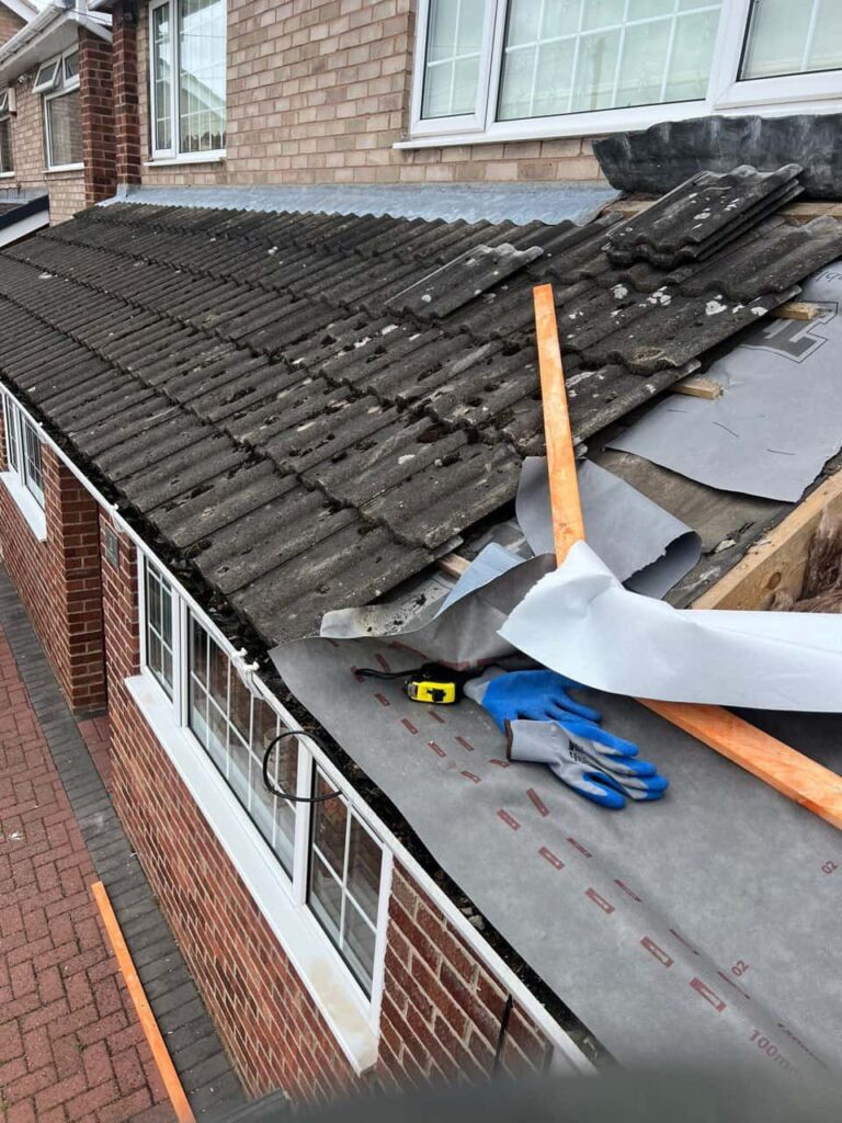 This is a photo of a pitched roof which is being repaired. The existing roof was leaking badly. Works carried out by Smethwick Roofing Repairs